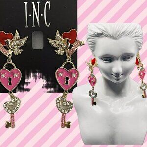 INC Pink Heart-Key-Dove Heart Pearl Crystal Detail Triple Drop Linear Earrings